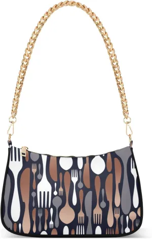 Restaurant Utensil Icons Shoulder Bag for Women Hobo Tote Handbag Gold Chain Crossbody Bag with Zipper Clutch Purse Handbags