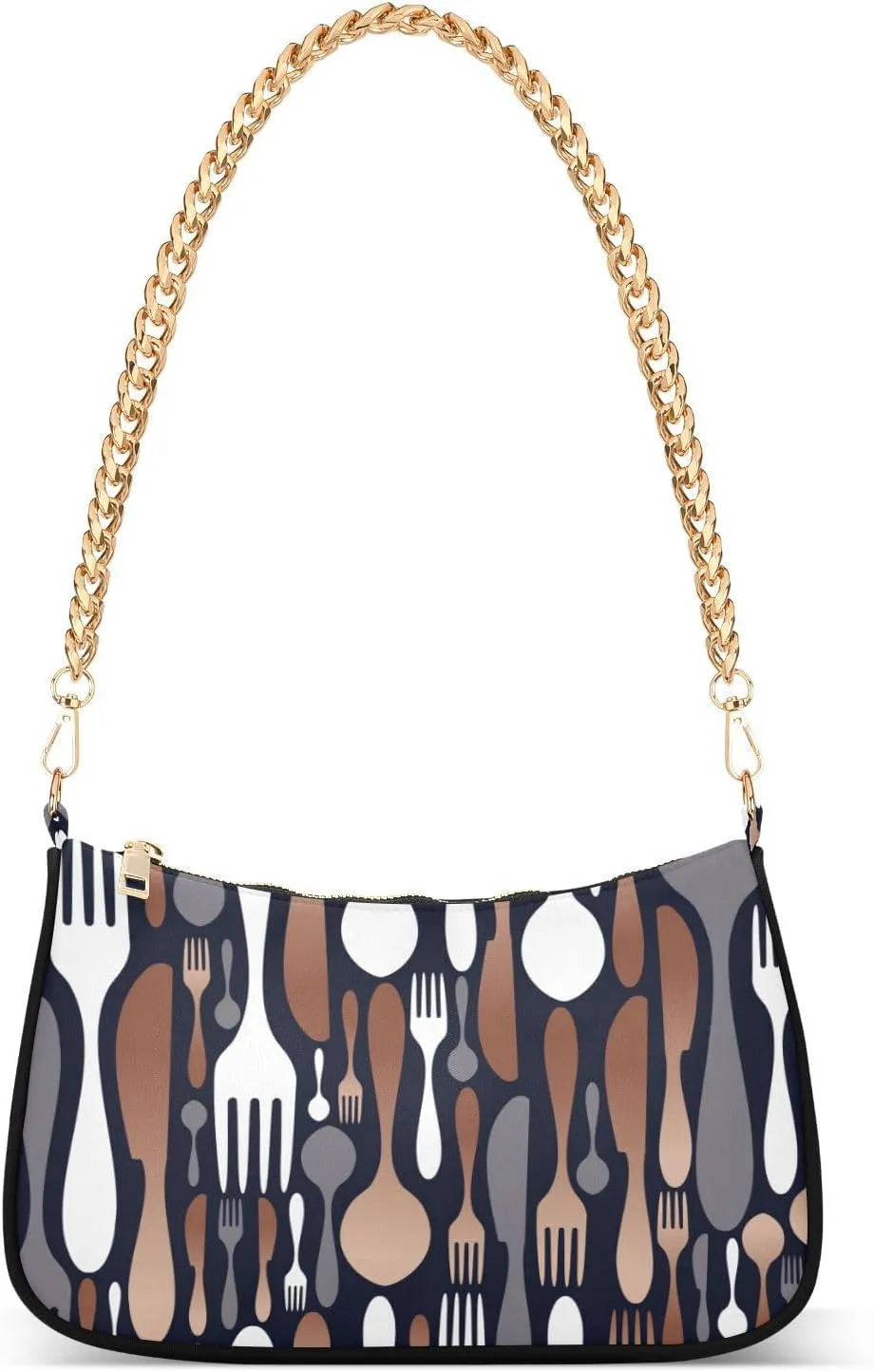 Restaurant Utensil Icons Shoulder Bag for Women Hobo Tote Handbag Gold Chain Crossbody Bag with Zipper Clutch Purse Handbags