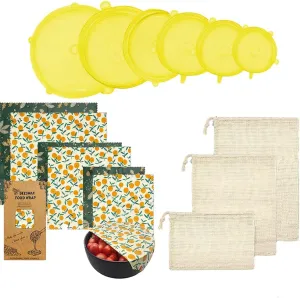 Reusable Beeswax Food Wrap- Silicone Stretch Lids - Reusable Produce Bags, Eco Friendly Food Storage, Dishwasher & Freezer Safe, Reusable Grocery Bag for Storage, 15 Pack (6 Wrap 3 Bags 6 Lids)