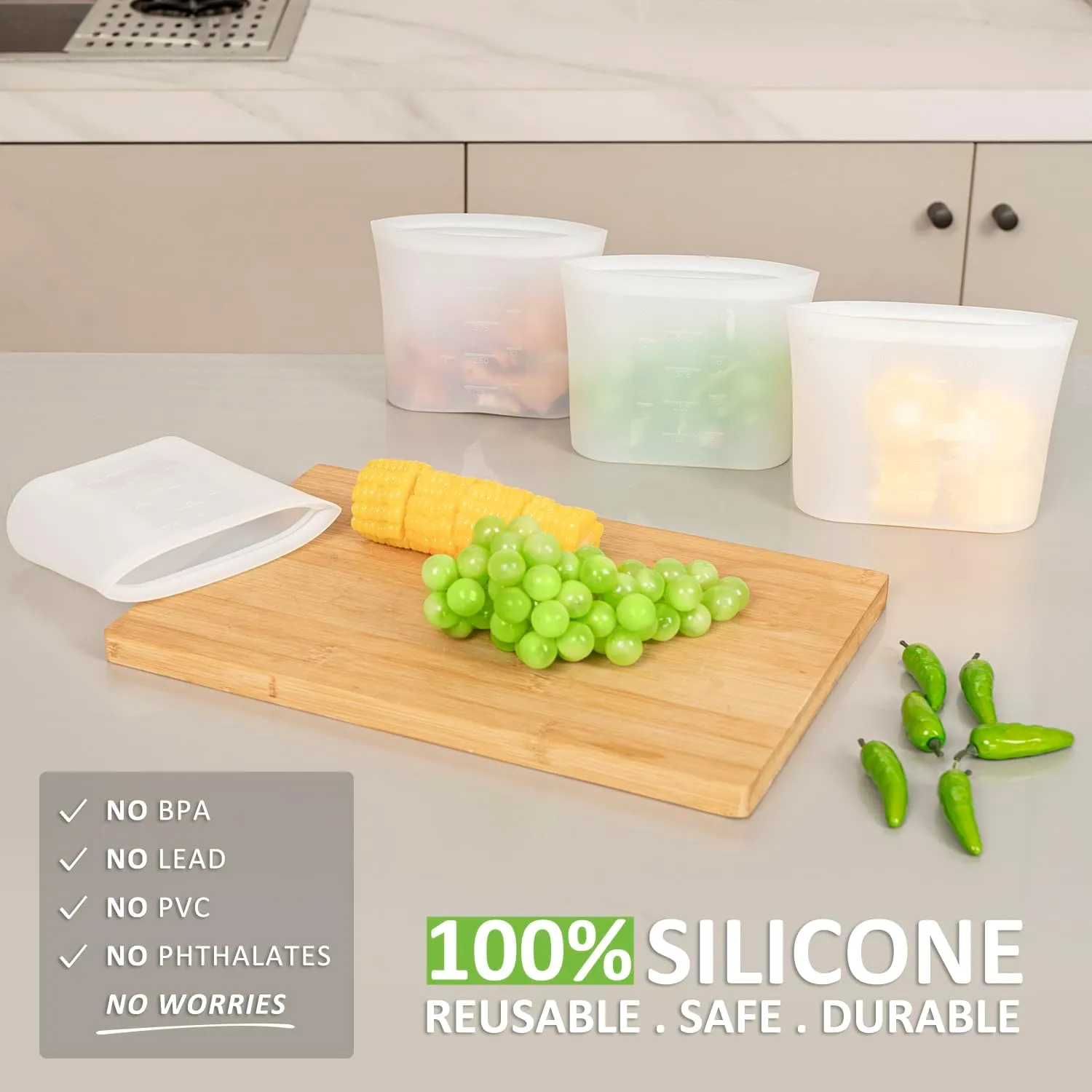Reusable Snack Bags, 4 Pack, Stand Up 100% Silicone Reusable Storage Bag, Ziplock Silicone Food Storage Containers Snack Size, Freezer Microwave Oven Dishwasher Safe, Translucent, 16oz