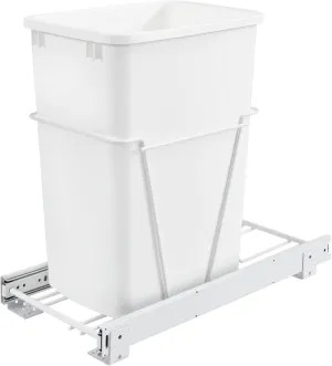 Rev-A-Shelf Single Pullout 35 Quart Trash Can for Base Kitchen or Bathroom Cabinets with Slides and Simple Installation, White, RV-12PB