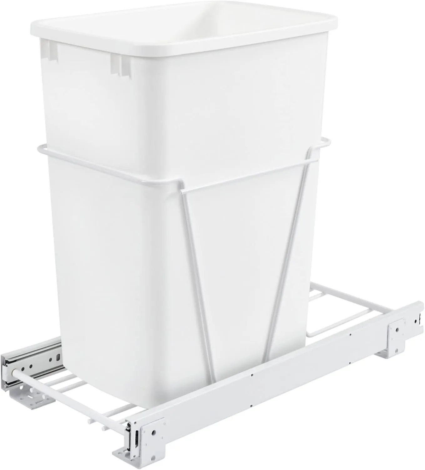 Rev-A-Shelf Single Pullout 35 Quart Trash Can for Base Kitchen or Bathroom Cabinets with Slides and Simple Installation, White, RV-12PB