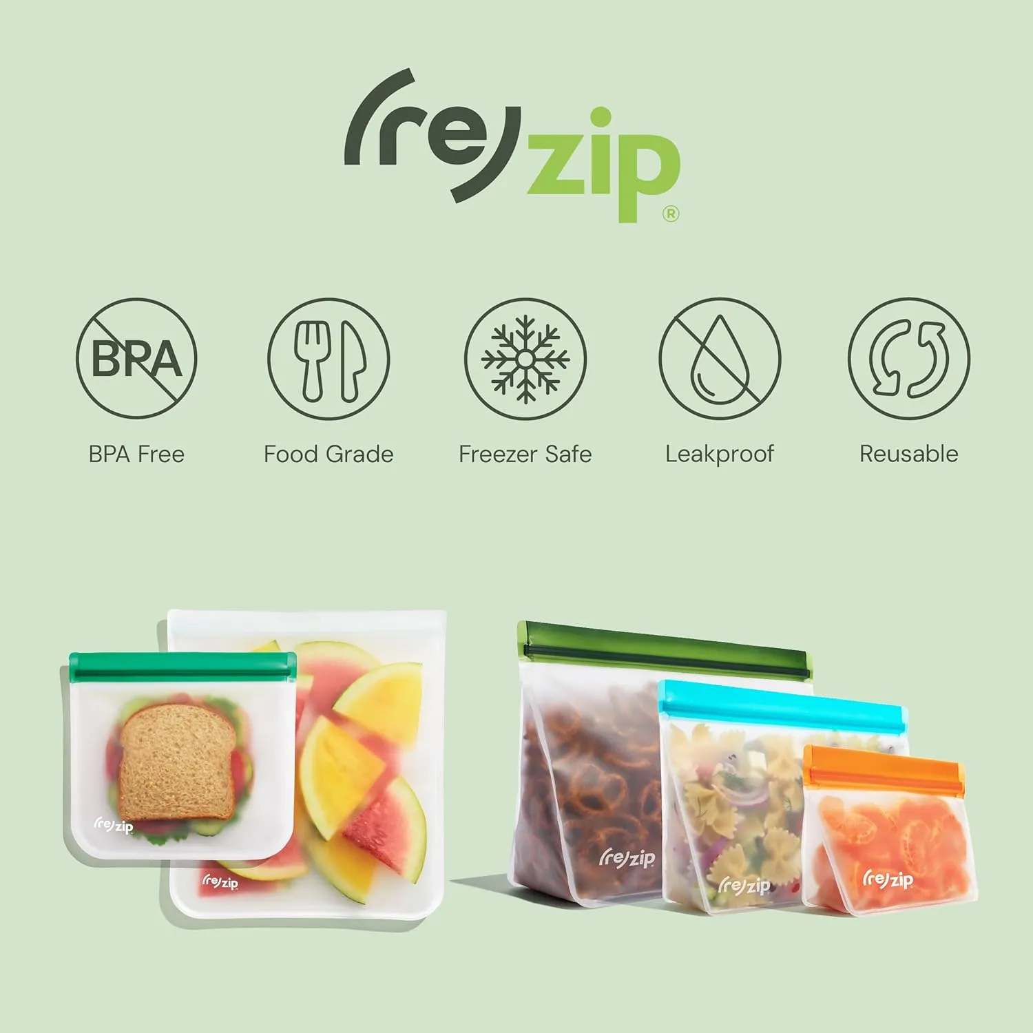 (re)zip 5-pack Reusable Lunch Food Storage Bags | BPA-Free, Food Grade, Leakproof, Freezer Safe, Dishwasher Safe, Travel Friendly | (5) Lunch/Sandwich Bags, 28-Ounce | Multicolor for Easy Organization
