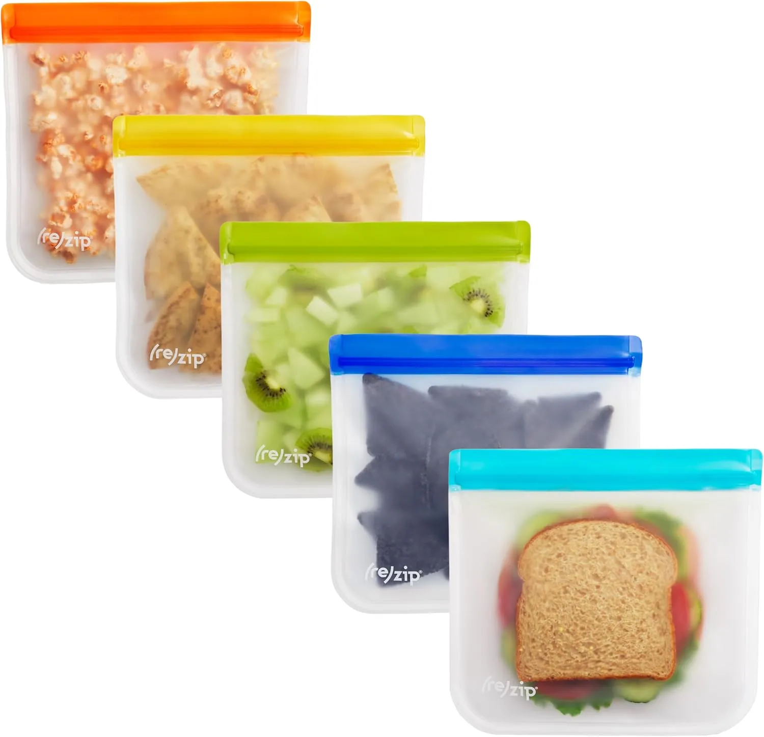 (re)zip 5-pack Reusable Lunch Food Storage Bags | BPA-Free, Food Grade, Leakproof, Freezer Safe, Dishwasher Safe, Travel Friendly | (5) Lunch/Sandwich Bags, 28-Ounce | Multicolor for Easy Organization