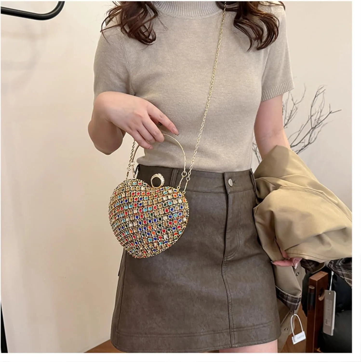 Rhinestones Heart Shape Clutch Purses for Women, Cute Crossbody Evening Bag Solid Shoulder Handbag Cocktail Prom