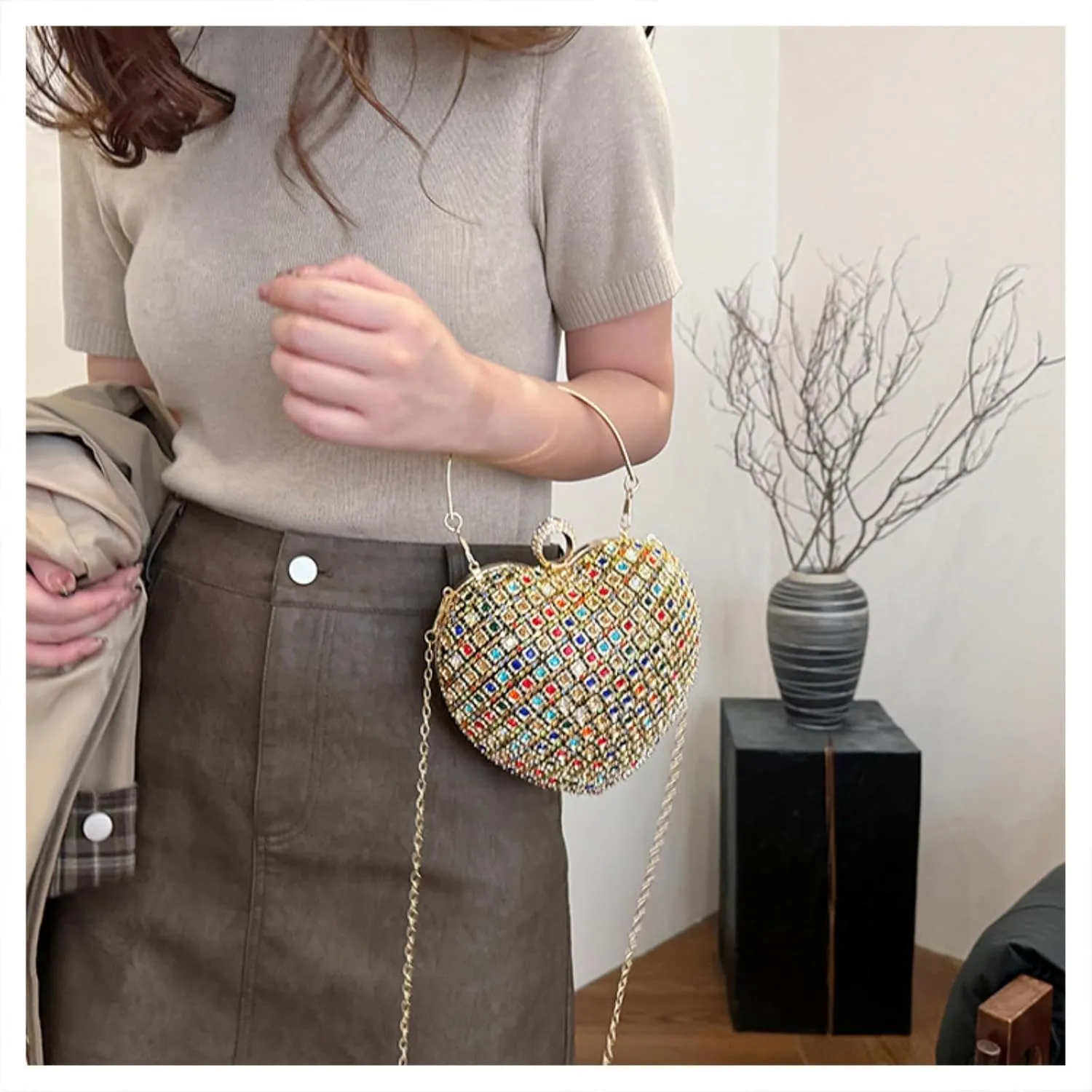 Rhinestones Heart Shape Clutch Purses for Women, Cute Crossbody Evening Bag Solid Shoulder Handbag Cocktail Prom