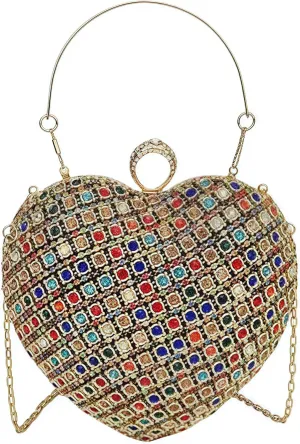 Rhinestones Heart Shape Clutch Purses for Women, Cute Crossbody Evening Bag Solid Shoulder Handbag Cocktail Prom