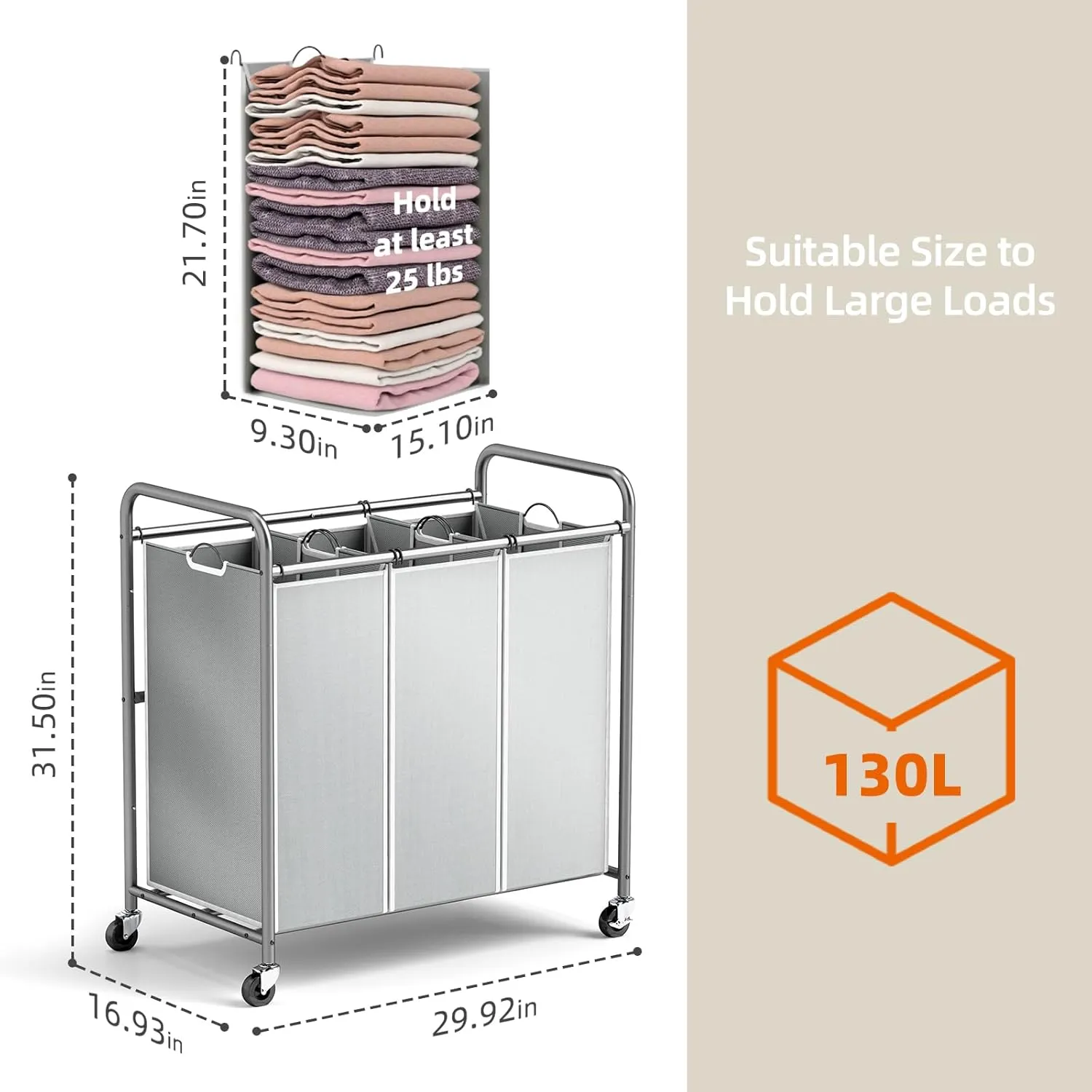 ROMOON Laundry Sorter, 3 Section Heavy Duty Laundry Hamper with Wheels and Removable Liners, Space-Saving Organizer for Laundry Room, Apartment, Dorm, Closet Storage (Gray)