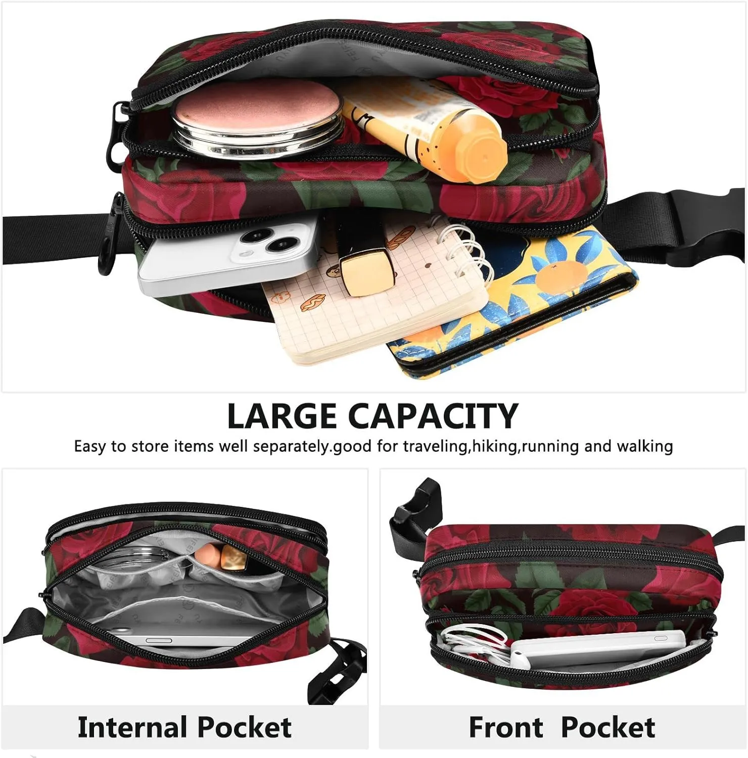 Rose Fanny Pack women Belt Bag Fashion Everywhere Waist Bags with Adjustable Strap for Workout Running Traveling Hiking
