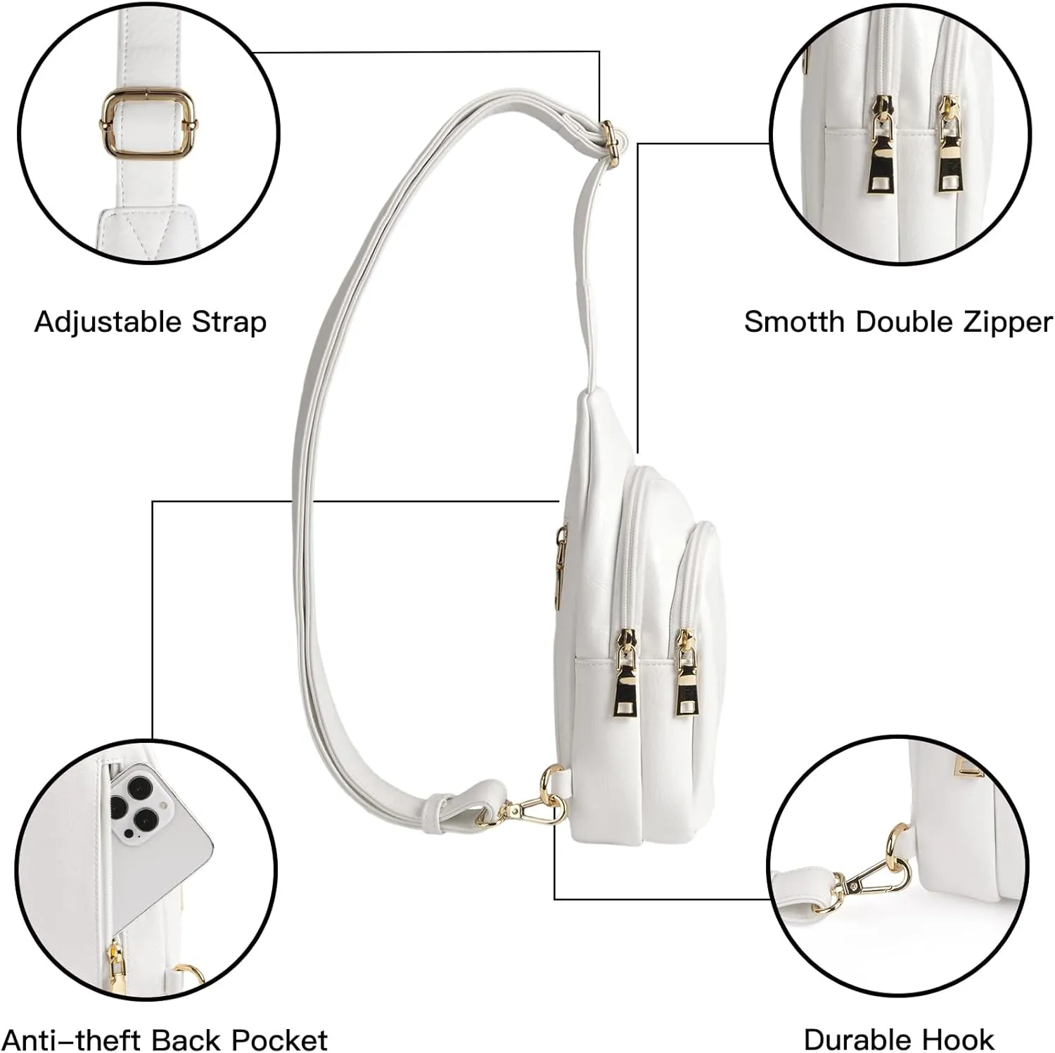 RUNBOX Sling Bag Crossbody Belt Bag for Women Trendy Leather Fanny Pack White