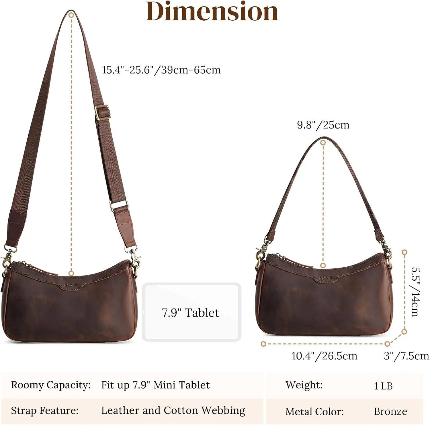 S-ZONE Leather Shoulder Bag for Women Small Crossbody Bags Hobo Purses with 2 Straps