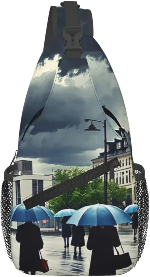 Sadness Stormy Day Umbrellas Print Crossbody Sling Bags, Sling Purses Cross Body Bag for Women Men Travel with Water Bottle