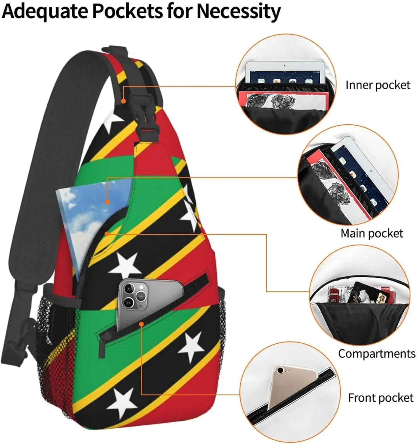 Saint Kitts And Nevis Flag Chest Sling Bag Crossbody Shoulder Backpack Bag Gym Cycling Daypack Travel Hiking Cross Bag