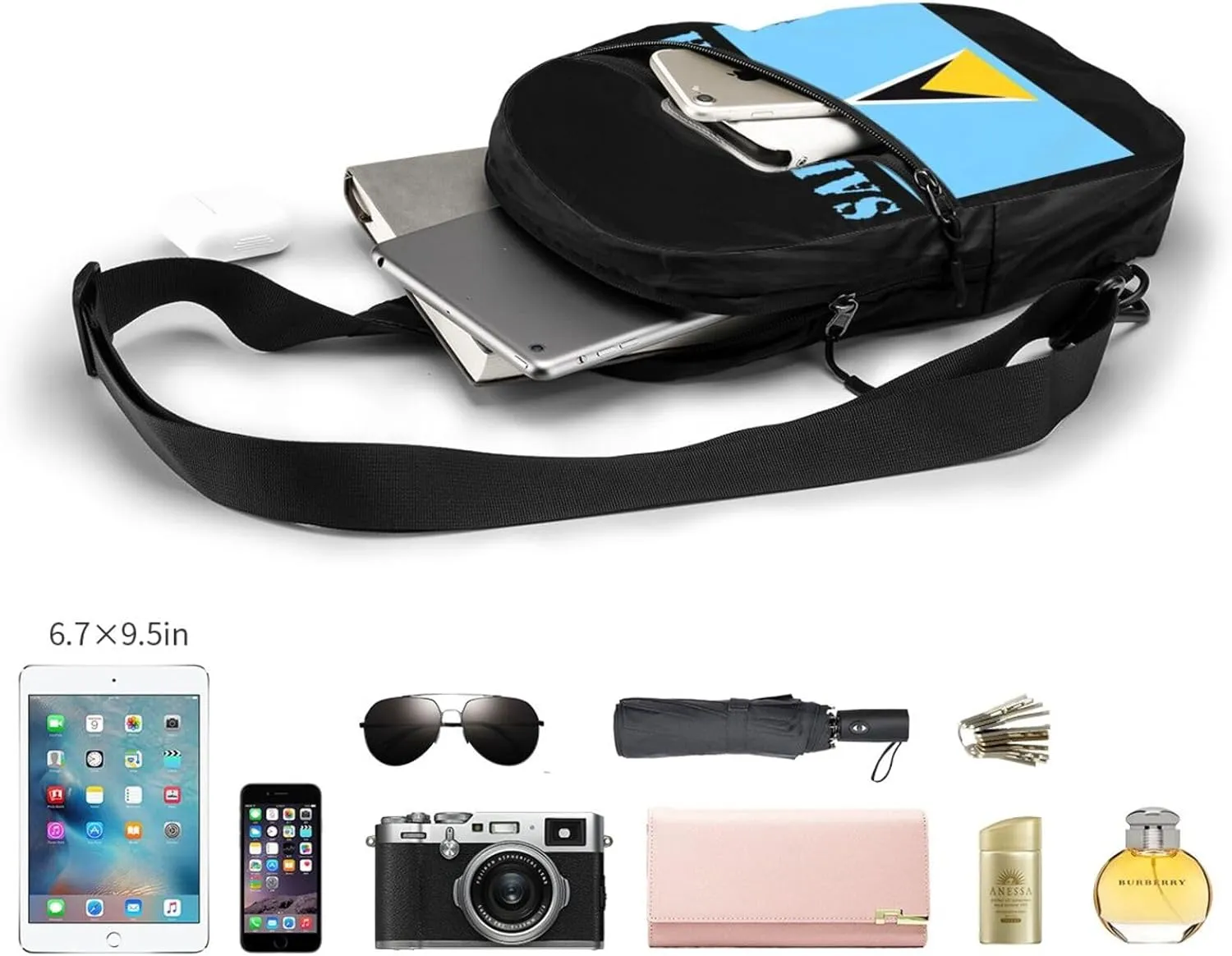 Saint Lucian Lucia Flag Crossbody Bag Portable Sling Bags Foldable Chest Daypack Reusable Sports Shoulder Backpack Diagonally Casual Rucksack Travel Bag