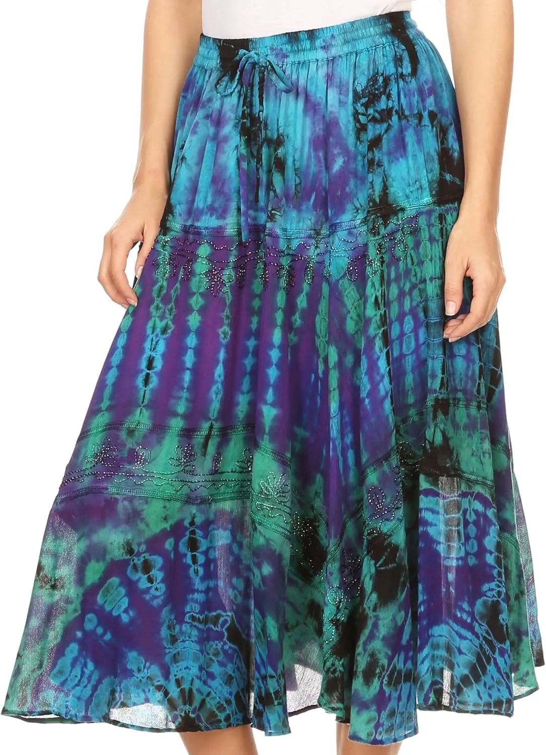 Sakkas Justina Womens Dance Midi Full Circle Tie-dye Skirt with Elastic Waist