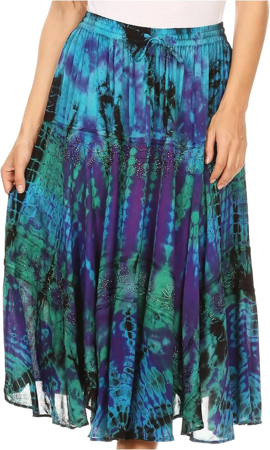 Sakkas Justina Womens Dance Midi Full Circle Tie-dye Skirt with Elastic Waist
