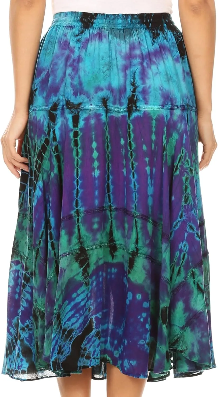Sakkas Justina Womens Dance Midi Full Circle Tie-dye Skirt with Elastic Waist