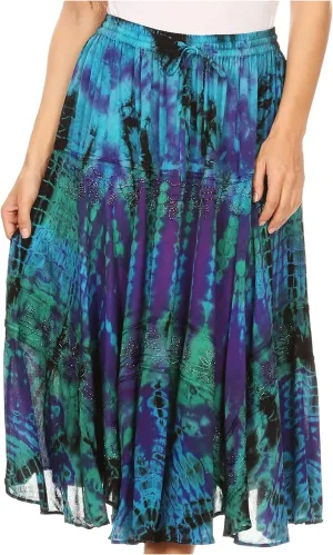 Sakkas Justina Womens Dance Midi Full Circle Tie-dye Skirt with Elastic Waist