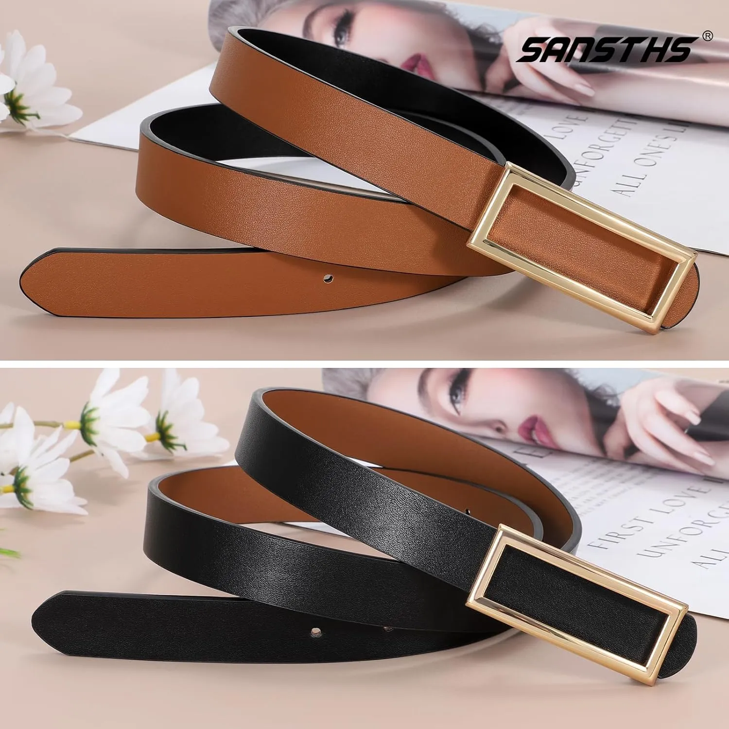 SANSTHS Skinny Reversible Belts for Women, Two-in-one Women Thin Belt for Dresses Jeans Pants with Gold Buckle