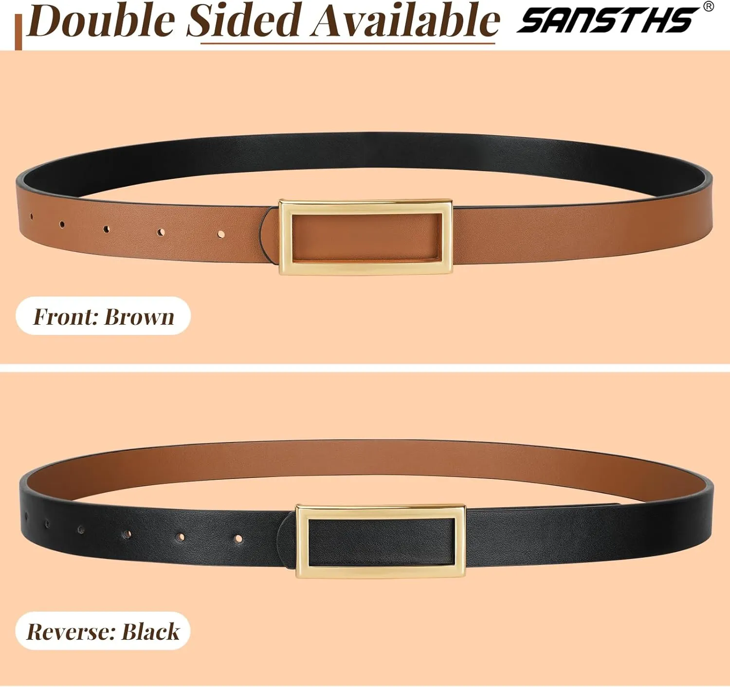 SANSTHS Skinny Reversible Belts for Women, Two-in-one Women Thin Belt for Dresses Jeans Pants with Gold Buckle