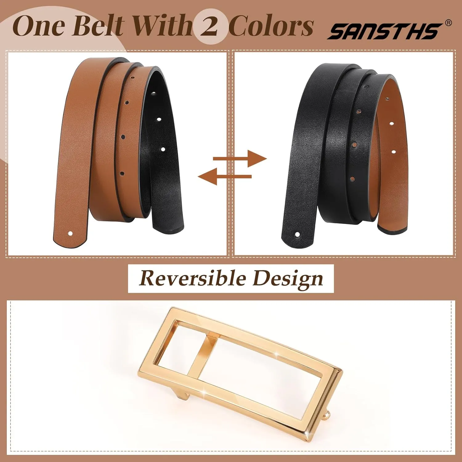 SANSTHS Skinny Reversible Belts for Women, Two-in-one Women Thin Belt for Dresses Jeans Pants with Gold Buckle