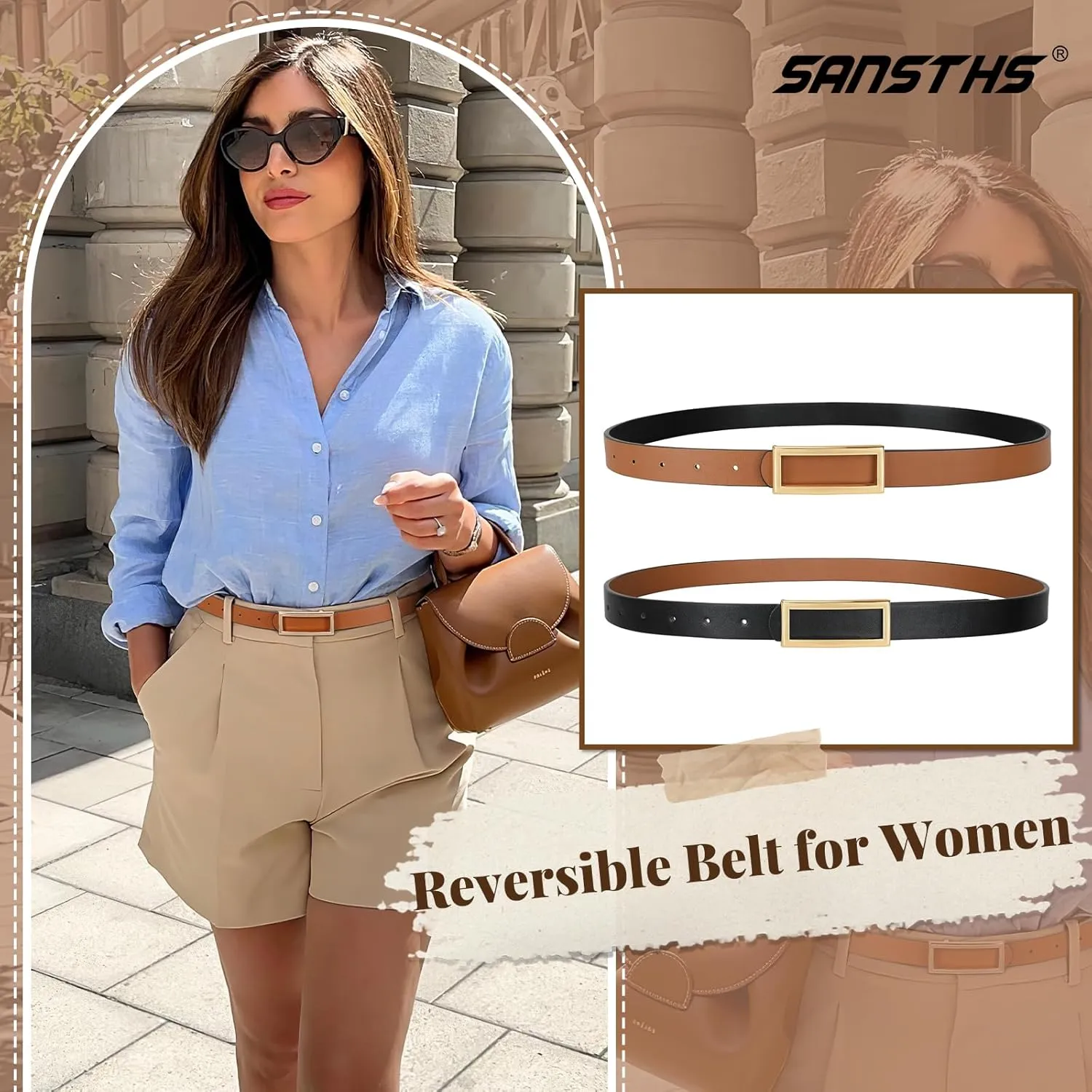 SANSTHS Skinny Reversible Belts for Women, Two-in-one Women Thin Belt for Dresses Jeans Pants with Gold Buckle