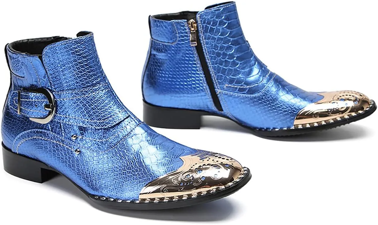 Santimon Chelsea Boots Men Casual Dress Genuine Leather Ankle Boots Metal-Square Toe Snakeskin Texture Western Boots Fashion Prom Wedding Tuxedo Ballroom Party Disco Singer Cowboy Boots for Men