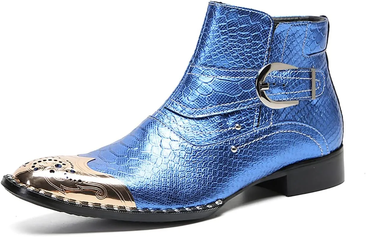 Santimon Chelsea Boots Men Casual Dress Genuine Leather Ankle Boots Metal-Square Toe Snakeskin Texture Western Boots Fashion Prom Wedding Tuxedo Ballroom Party Disco Singer Cowboy Boots for Men