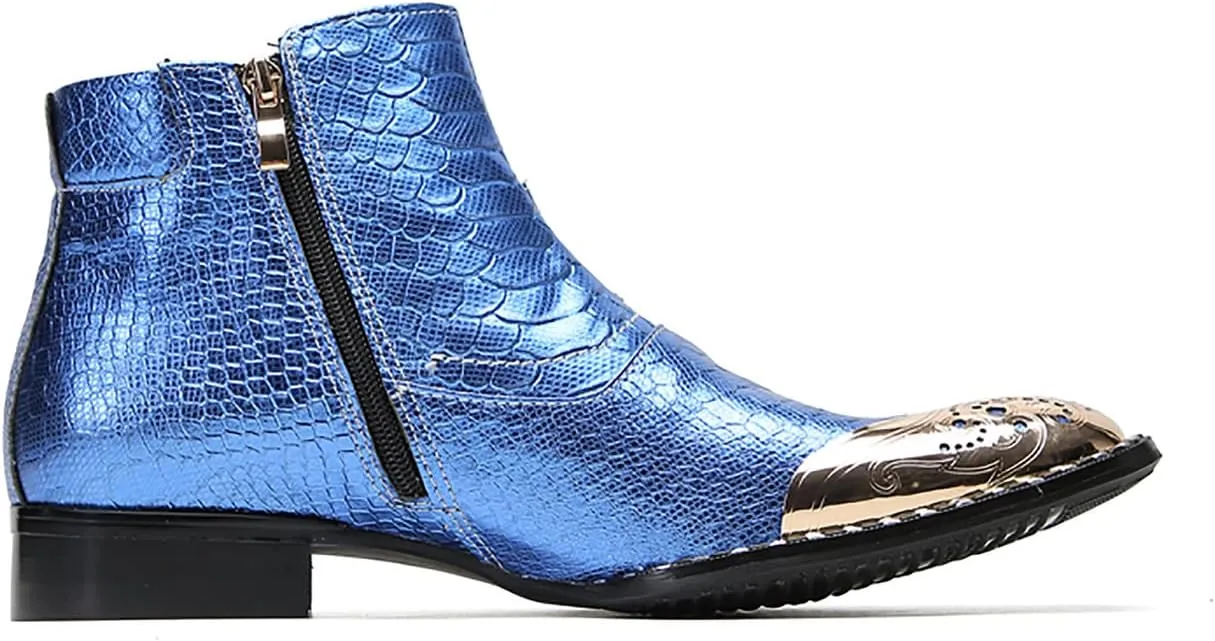 Santimon Chelsea Boots Men Casual Dress Genuine Leather Ankle Boots Metal-Square Toe Snakeskin Texture Western Boots Fashion Prom Wedding Tuxedo Ballroom Party Disco Singer Cowboy Boots for Men