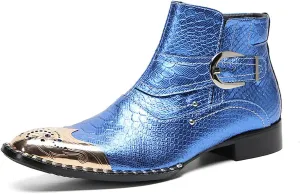 Santimon Chelsea Boots Men Casual Dress Genuine Leather Ankle Boots Metal-Square Toe Snakeskin Texture Western Boots Fashion Prom Wedding Tuxedo Ballroom Party Disco Singer Cowboy Boots for Men