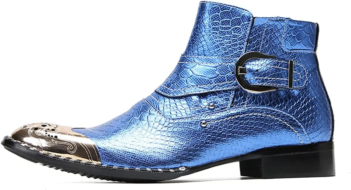 Santimon Chelsea Boots Men Casual Dress Genuine Leather Ankle Boots Metal-Square Toe Snakeskin Texture Western Boots Fashion Prom Wedding Tuxedo Ballroom Party Disco Singer Cowboy Boots for Men