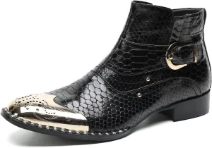 Santimon Chelsea Boots Men Casual Dress Genuine Leather Ankle Boots Metal-Square Toe Snakeskin Texture Western Boots Fashion Prom Wedding Tuxedo Ballroom Party Disco Singer Cowboy Boots for Men
