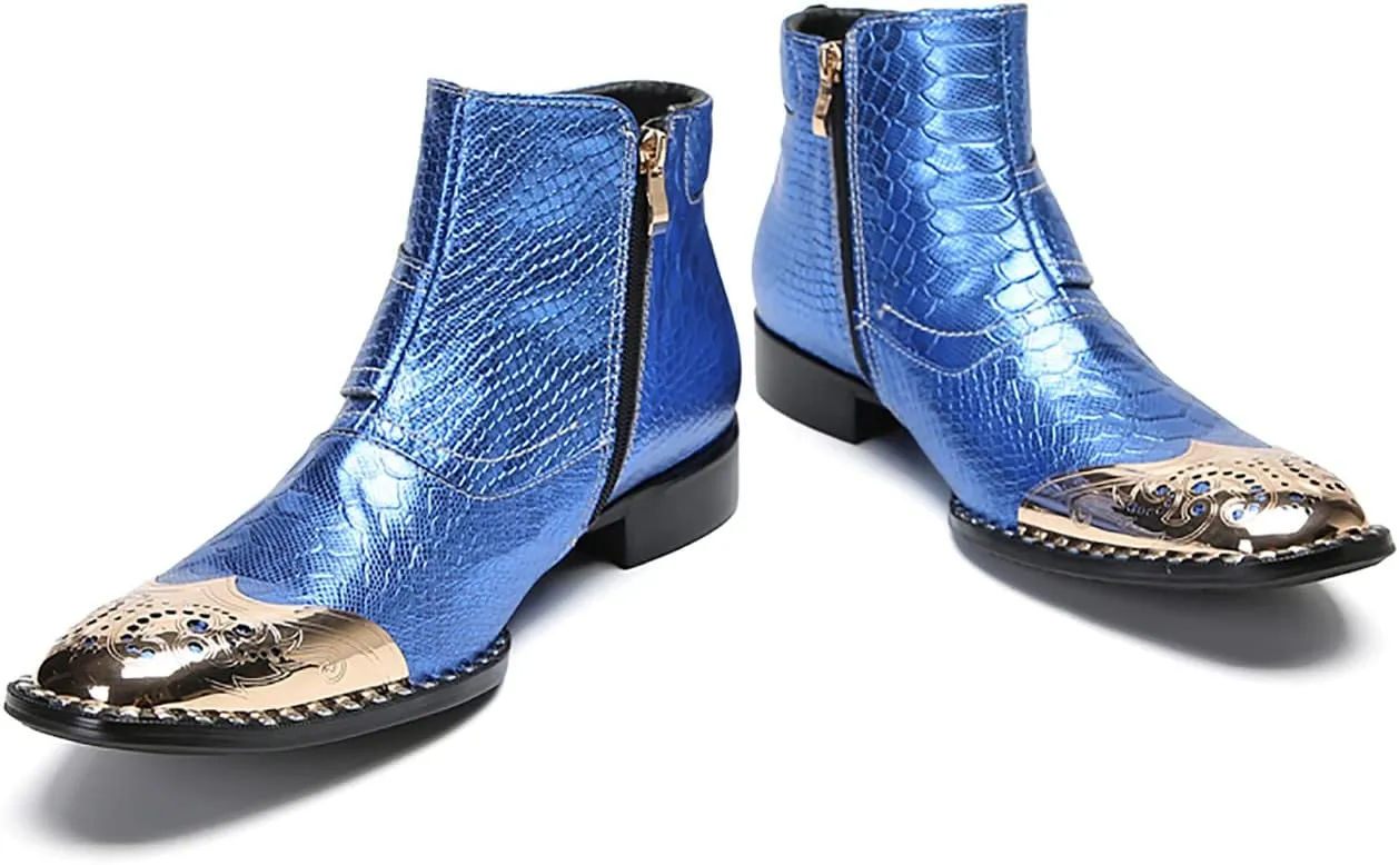 Santimon Chelsea Boots Men Casual Dress Genuine Leather Ankle Boots Metal-Square Toe Snakeskin Texture Western Boots Fashion Prom Wedding Tuxedo Ballroom Party Disco Singer Cowboy Boots for Men