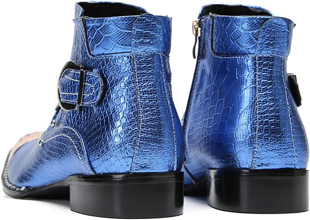 Santimon Chelsea Boots Men Casual Dress Genuine Leather Ankle Boots Metal-Square Toe Snakeskin Texture Western Boots Fashion Prom Wedding Tuxedo Ballroom Party Disco Singer Cowboy Boots for Men