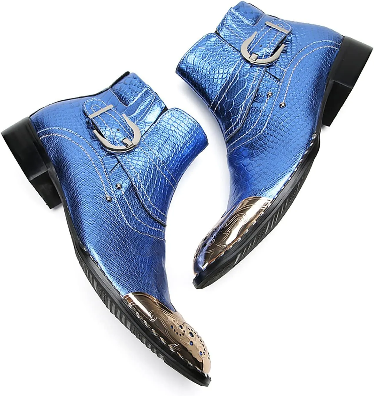 Santimon Chelsea Boots Men Casual Dress Genuine Leather Ankle Boots Metal-Square Toe Snakeskin Texture Western Boots Fashion Prom Wedding Tuxedo Ballroom Party Disco Singer Cowboy Boots for Men