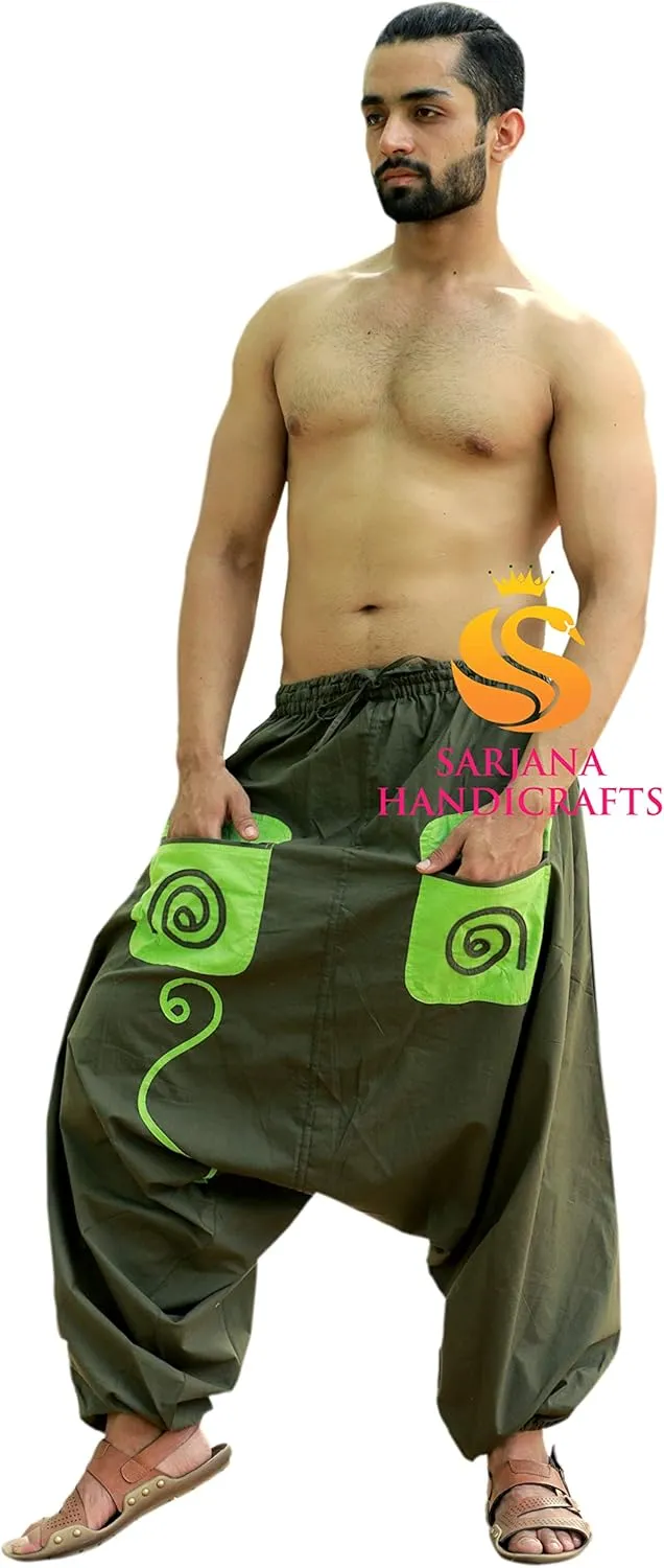 SARJANA HANDICRAFTS Men's Cotton Pockets Harem Yoga Baggy Genie Hippie Pants