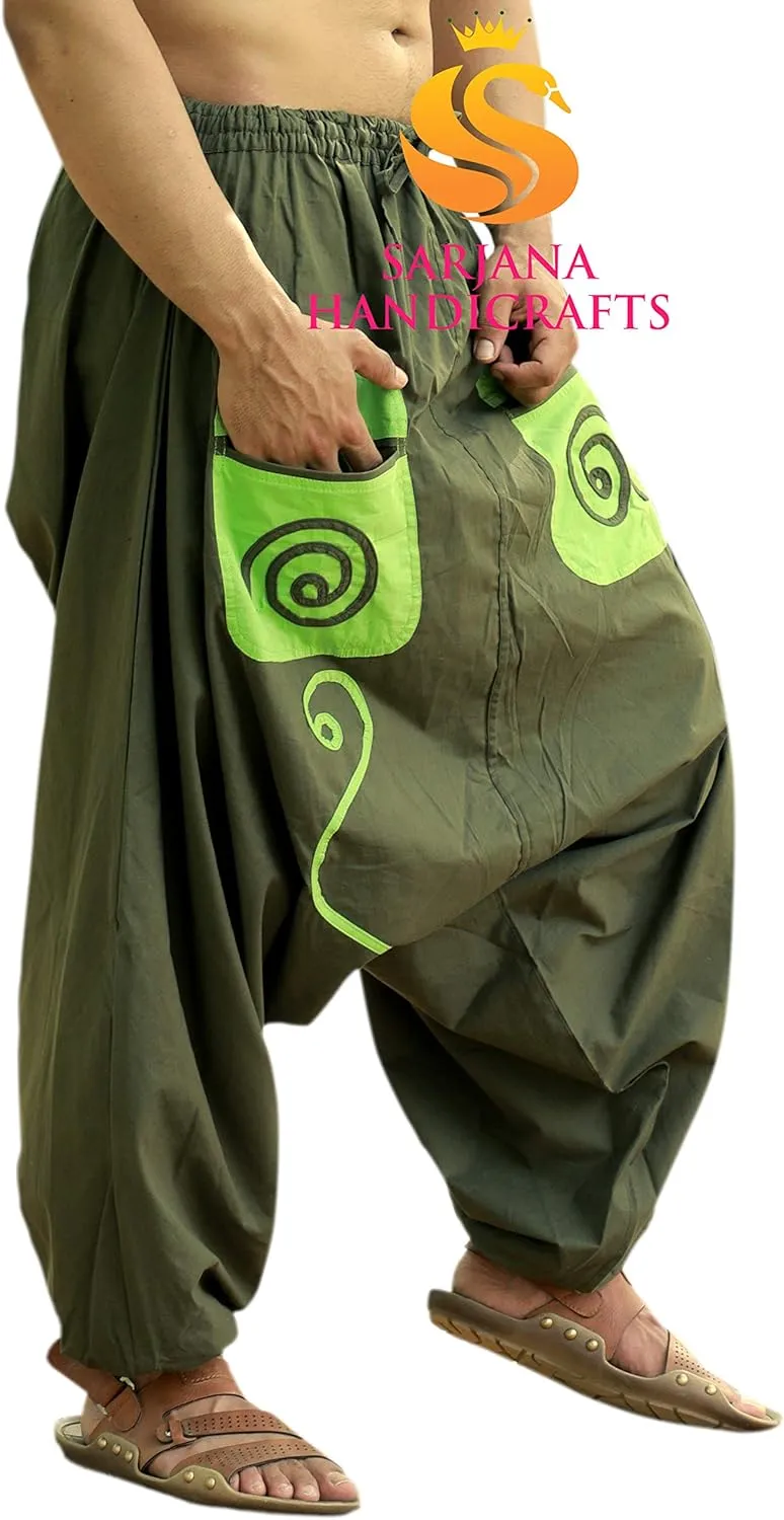 SARJANA HANDICRAFTS Men's Cotton Pockets Harem Yoga Baggy Genie Hippie Pants