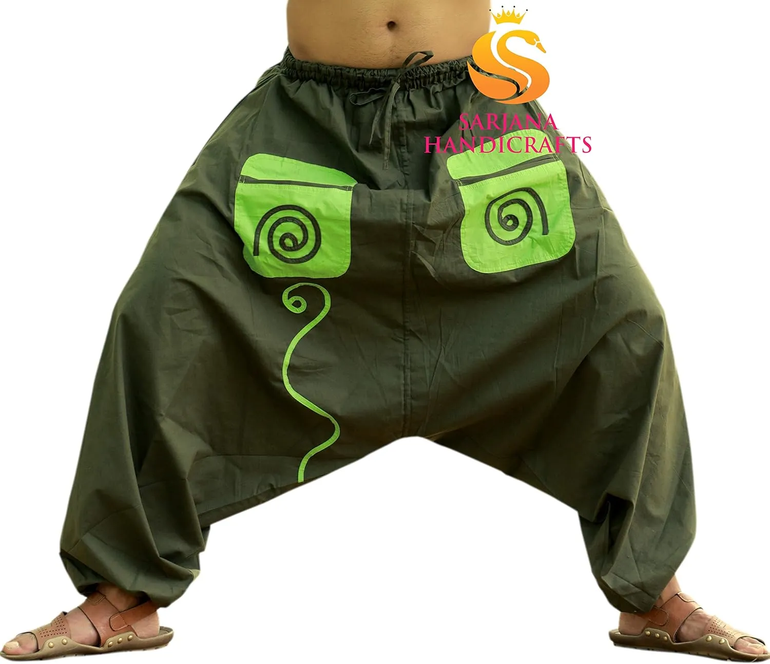 SARJANA HANDICRAFTS Men's Cotton Pockets Harem Yoga Baggy Genie Hippie Pants