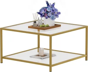 SAYGOER Glass Coffee Table with Storage 2-Tier Square Glass Center Table for Living Room Home Office with Gold Metal Frame Modern Table for Small Spaces
