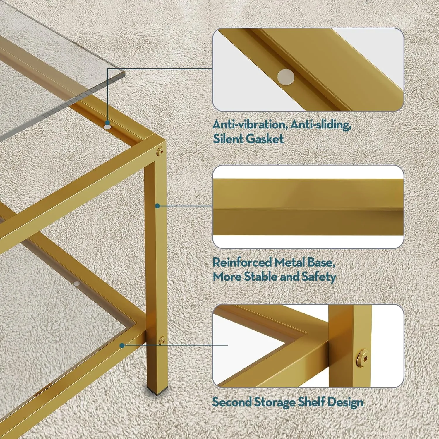 SAYGOER Glass Coffee Table with Storage 2-Tier Square Glass Center Table for Living Room Home Office with Gold Metal Frame Modern Table for Small Spaces
