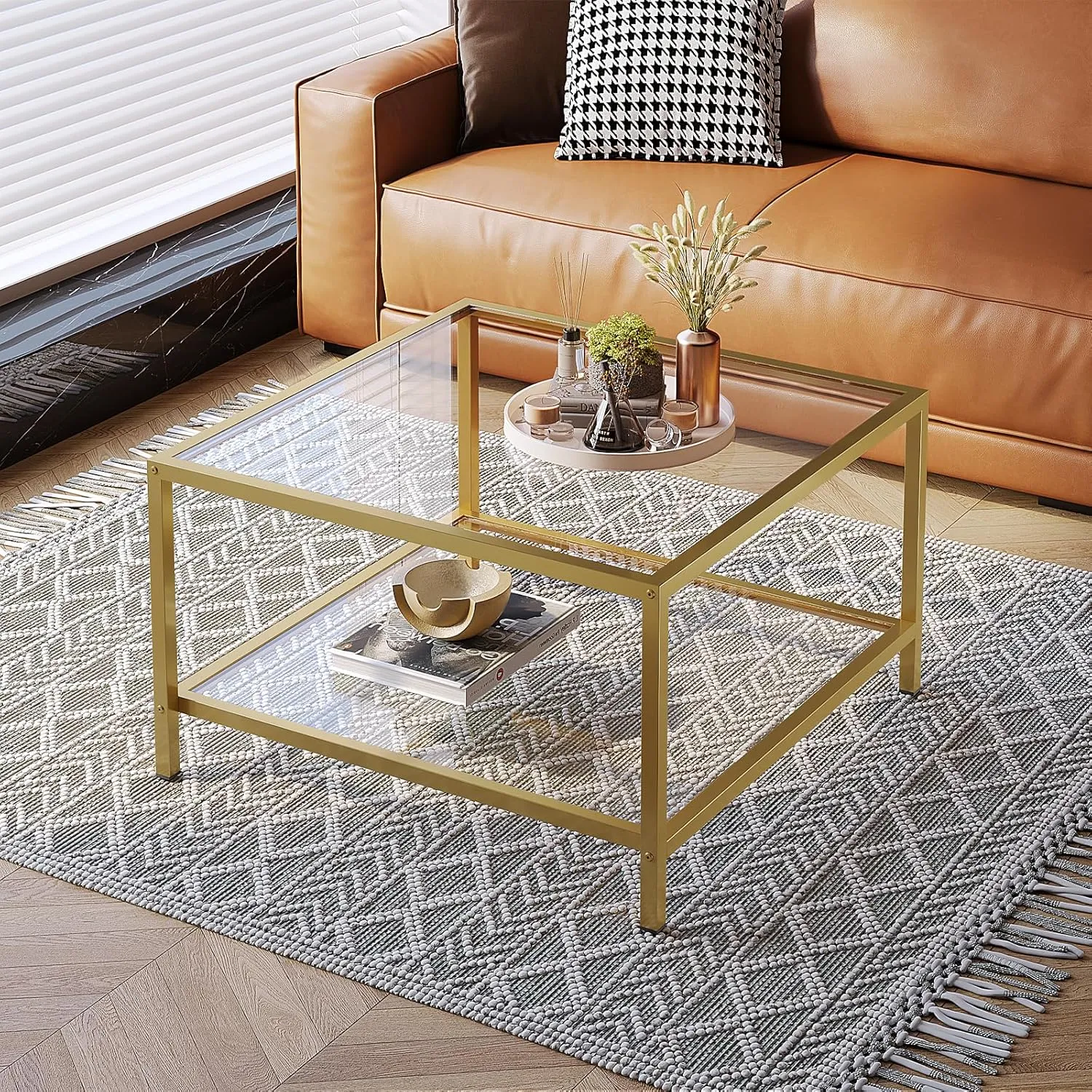 SAYGOER Glass Coffee Table with Storage 2-Tier Square Glass Center Table for Living Room Home Office with Gold Metal Frame Modern Table for Small Spaces