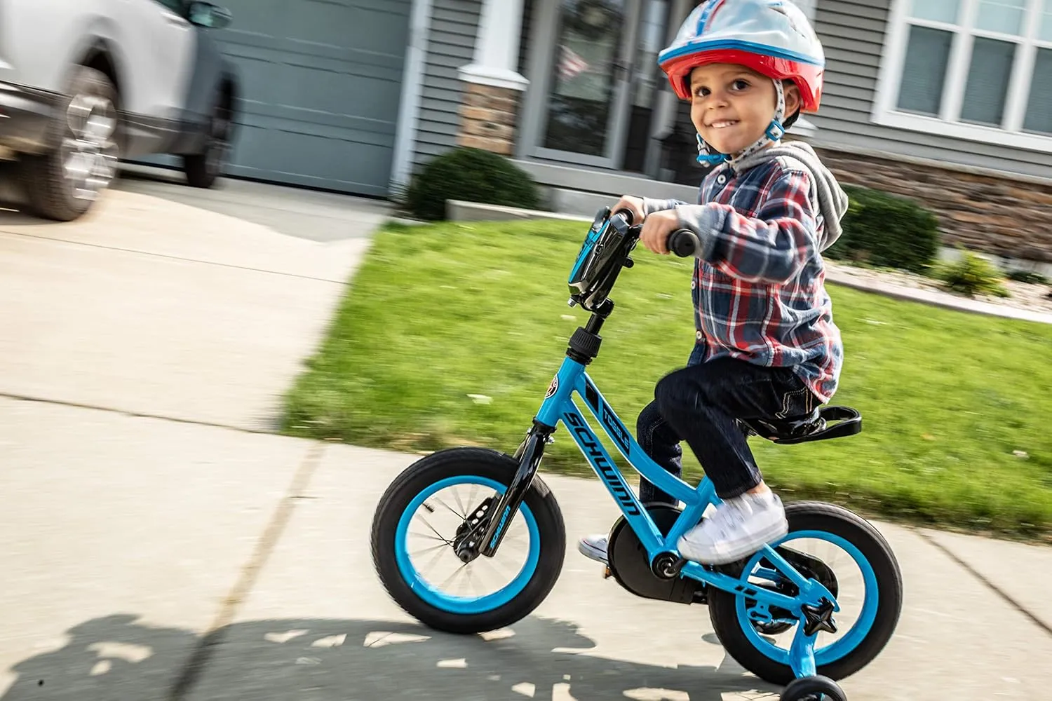 Schwinn Hopscotch & Toggle Kids Bike, Boys and Girls Bicycle, 12-16-Inch Wheels, Removable Training Wheels for 2-4 Year Olds, Saddle with Handle for Assistance, Easy Tool-Free Assembly