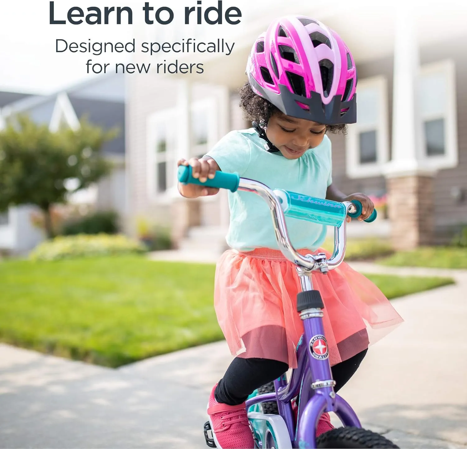 Schwinn Hopscotch & Toggle Kids Bike, Boys and Girls Bicycle, 12-16-Inch Wheels, Removable Training Wheels for 2-4 Year Olds, Saddle with Handle for Assistance, Easy Tool-Free Assembly
