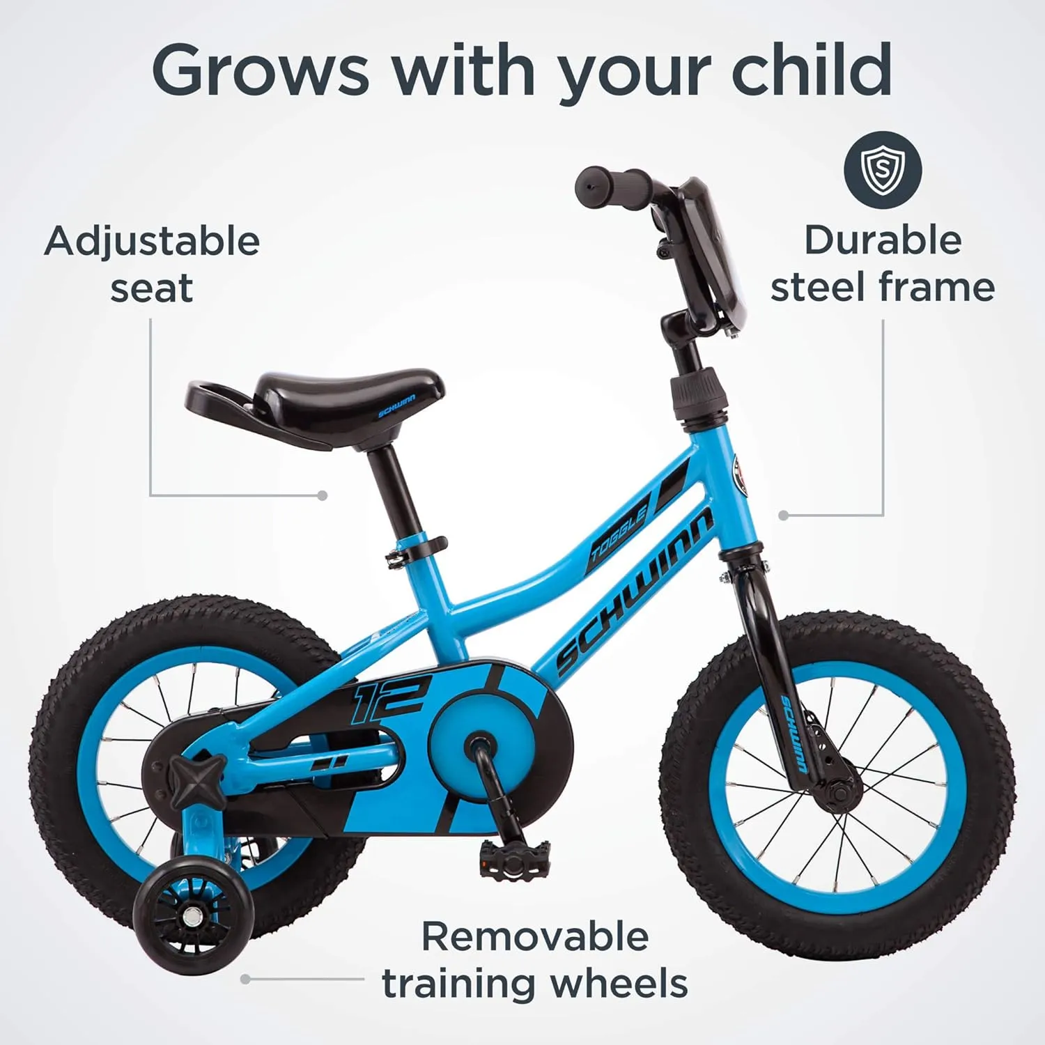 Schwinn Hopscotch & Toggle Kids Bike, Boys and Girls Bicycle, 12-16-Inch Wheels, Removable Training Wheels for 2-4 Year Olds, Saddle with Handle for Assistance, Easy Tool-Free Assembly