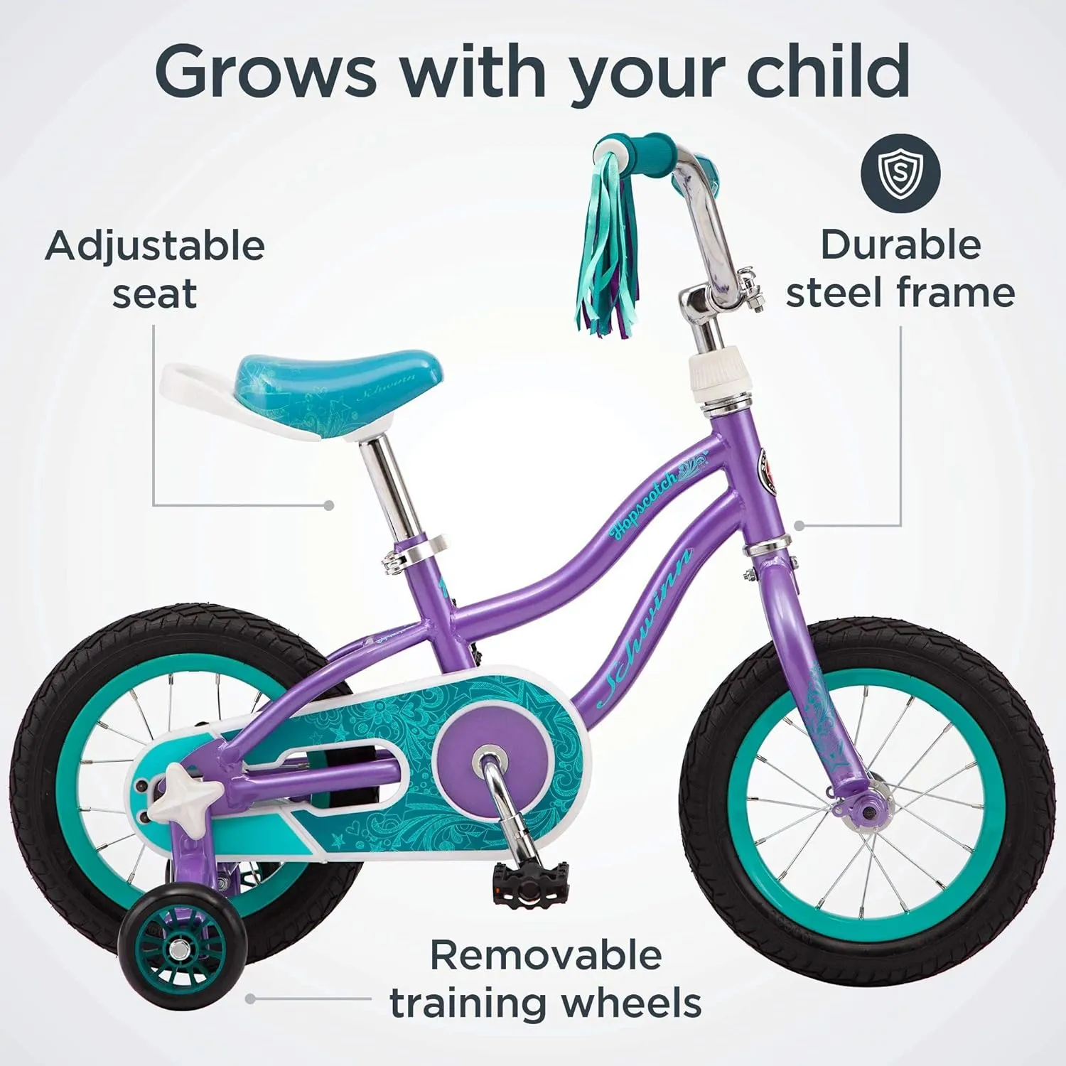 Schwinn Hopscotch & Toggle Kids Bike, Boys and Girls Bicycle, 12-16-Inch Wheels, Removable Training Wheels for 2-4 Year Olds, Saddle with Handle for Assistance, Easy Tool-Free Assembly