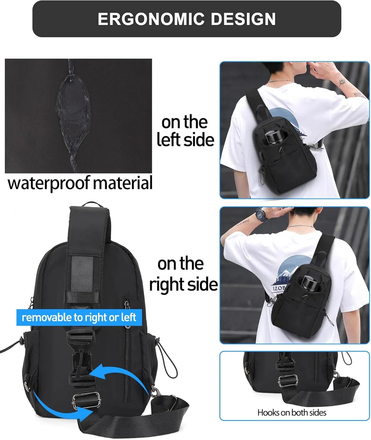 SEAFEW Black Sling Crossbody Bag for Men Women, Tactical Backpack Shoulder Daypack Mini Anti-Theft Cross Body Motorcycle Chest Bags, Small One Strap Fanny Back Pack for Casual Travel Hiking Sport Gym