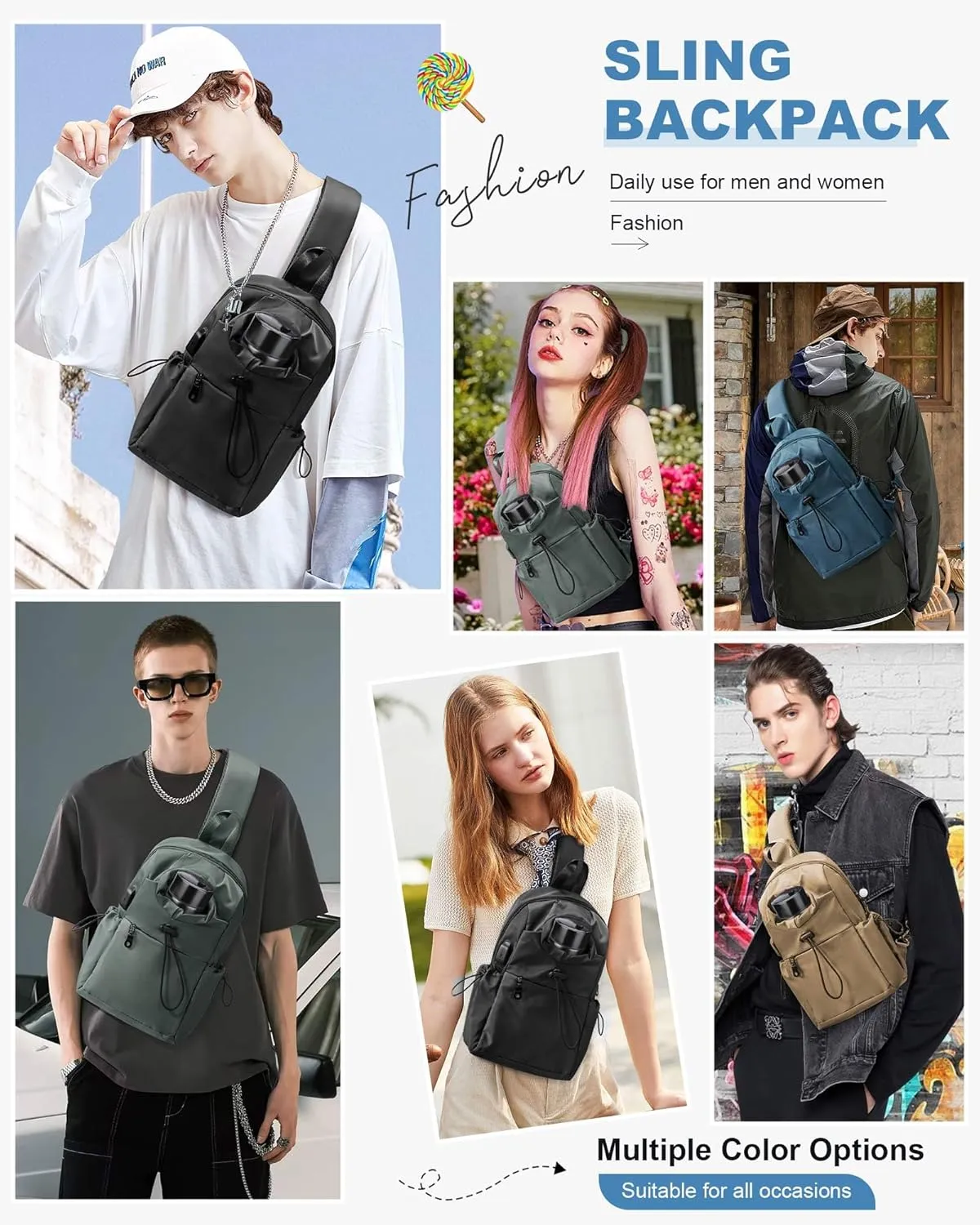 SEAFEW Black Sling Crossbody Bag for Men Women, Tactical Backpack Shoulder Daypack Mini Anti-Theft Cross Body Motorcycle Chest Bags, Small One Strap Fanny Back Pack for Casual Travel Hiking Sport Gym