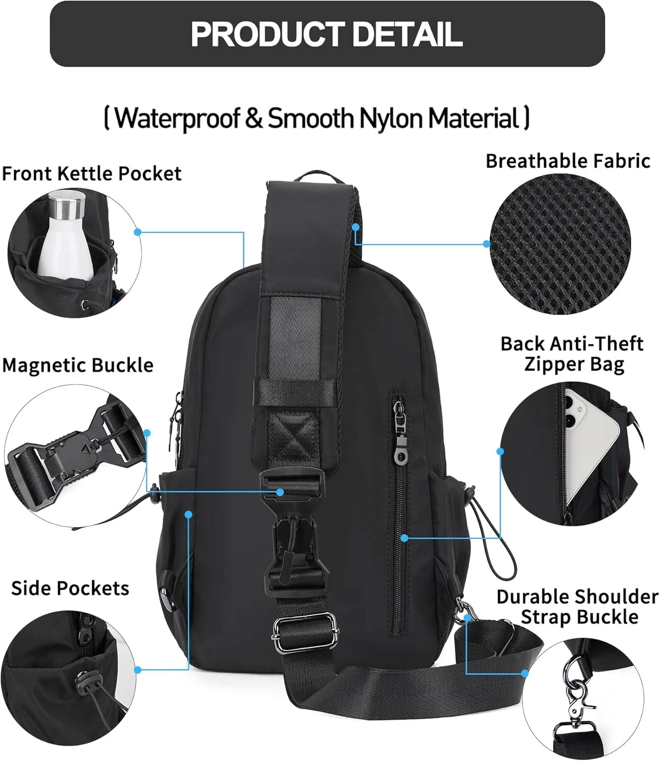 SEAFEW Black Sling Crossbody Bag for Men Women, Tactical Backpack Shoulder Daypack Mini Anti-Theft Cross Body Motorcycle Chest Bags, Small One Strap Fanny Back Pack for Casual Travel Hiking Sport Gym