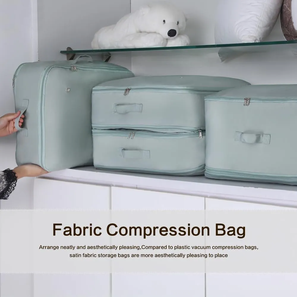 Self Compression Storage Bags with Zipper, (Green) - Heavy Duty Fabric Space Saver for Blankets, Comforters & Clothes - No Vacuum Needed, Foldable & Reusable for Home & Dorm Organization