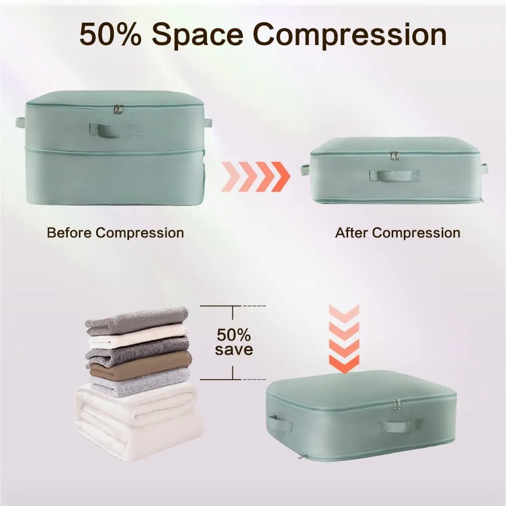 Self Compression Storage Bags with Zipper, (Green) - Heavy Duty Fabric Space Saver for Blankets, Comforters & Clothes - No Vacuum Needed, Foldable & Reusable for Home & Dorm Organization